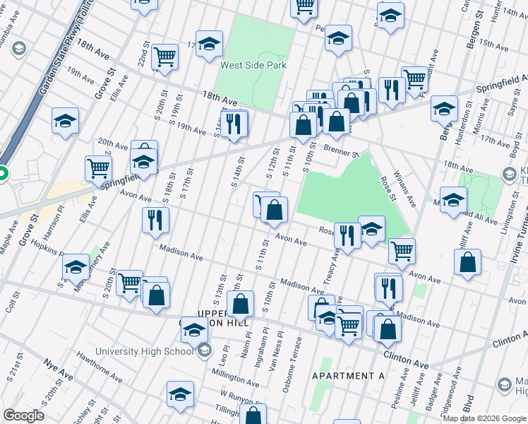 map of restaurants, bars, coffee shops, grocery stores, and more near 731 South 11th Street in Newark