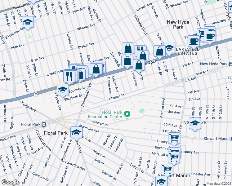 map of restaurants, bars, coffee shops, grocery stores, and more near 32 Linden Avenue in Floral Park
