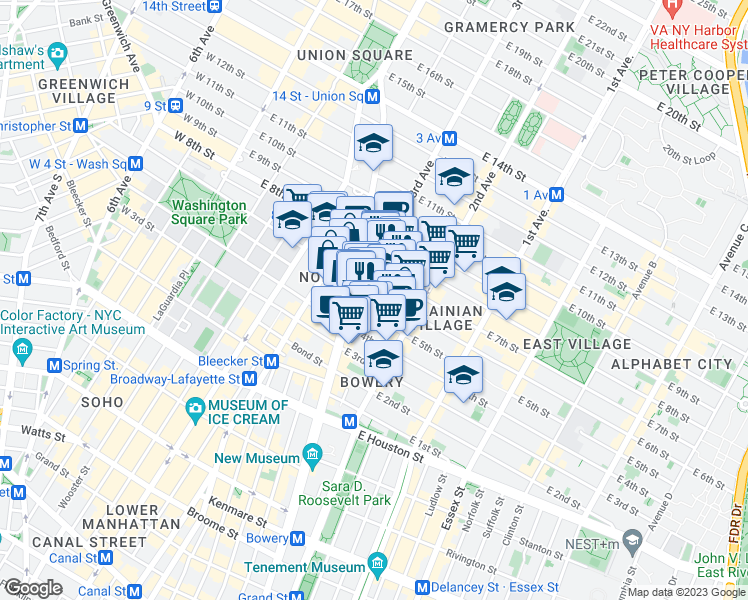 map of restaurants, bars, coffee shops, grocery stores, and more near 31 Cooper Square in New York