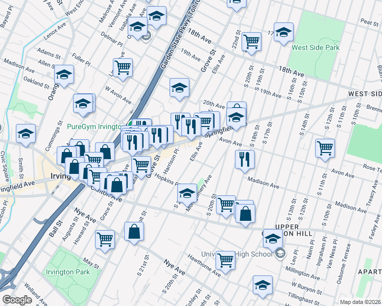 map of restaurants, bars, coffee shops, grocery stores, and more near 117 Ellis Avenue in Irvington