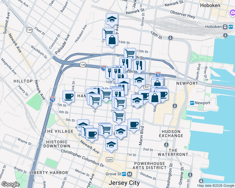map of restaurants, bars, coffee shops, grocery stores, and more near 99 McWilliams Place in Jersey City