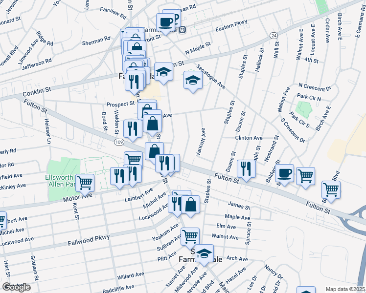 map of restaurants, bars, coffee shops, grocery stores, and more near 108 Williams Street in Farmingdale