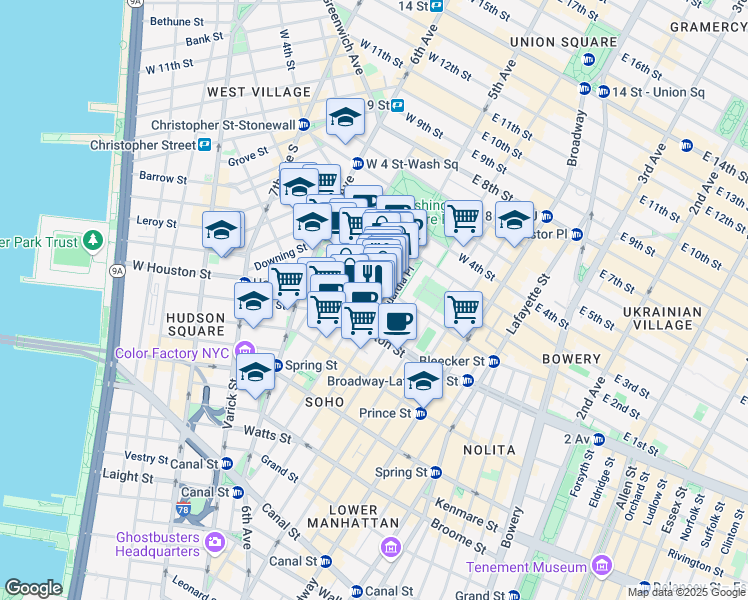 map of restaurants, bars, coffee shops, grocery stores, and more near 510 LaGuardia Place in New York