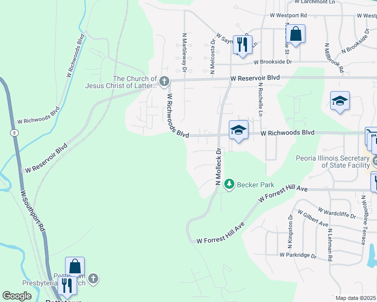 map of restaurants, bars, coffee shops, grocery stores, and more near 3442 West Villa Ridge in Peoria