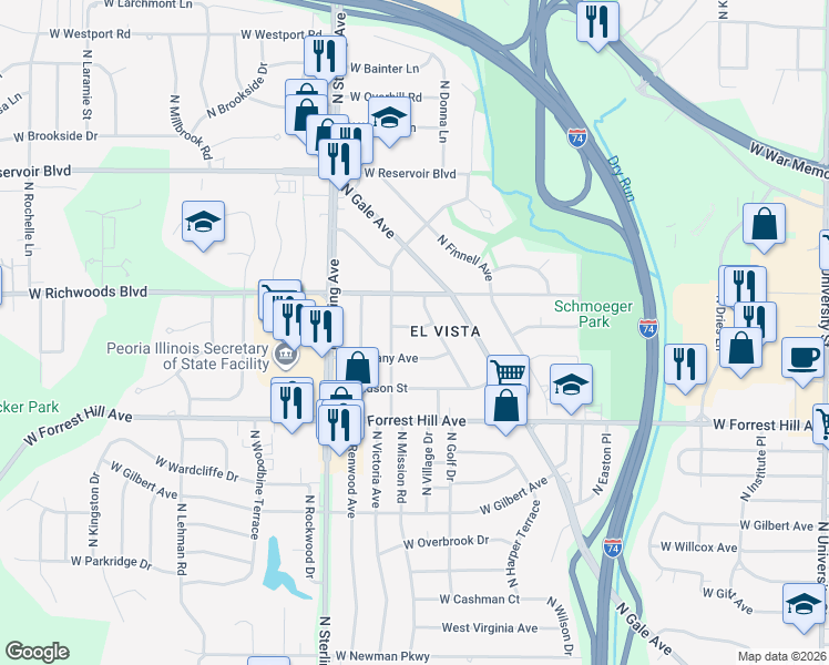 map of restaurants, bars, coffee shops, grocery stores, and more near in Peoria