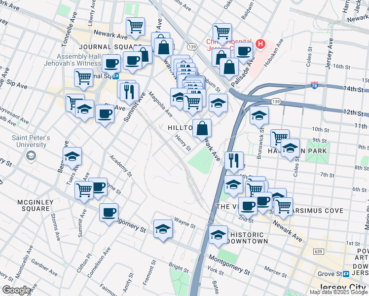 map of restaurants, bars, coffee shops, grocery stores, and more near 11 Henry Street in Jersey City
