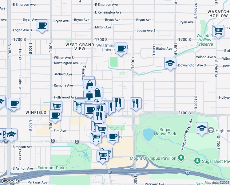 map of restaurants, bars, coffee shops, grocery stores, and more near 1937 South 12th East in Salt Lake City