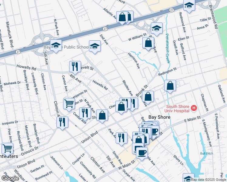 map of restaurants, bars, coffee shops, grocery stores, and more near 7 Howells Road in Bay Shore