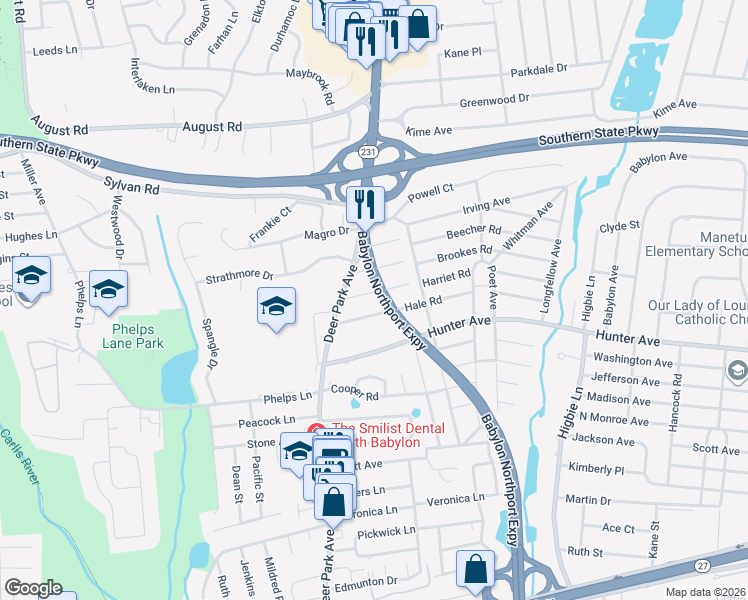 map of restaurants, bars, coffee shops, grocery stores, and more near 56 Kennedy Avenue in North Babylon