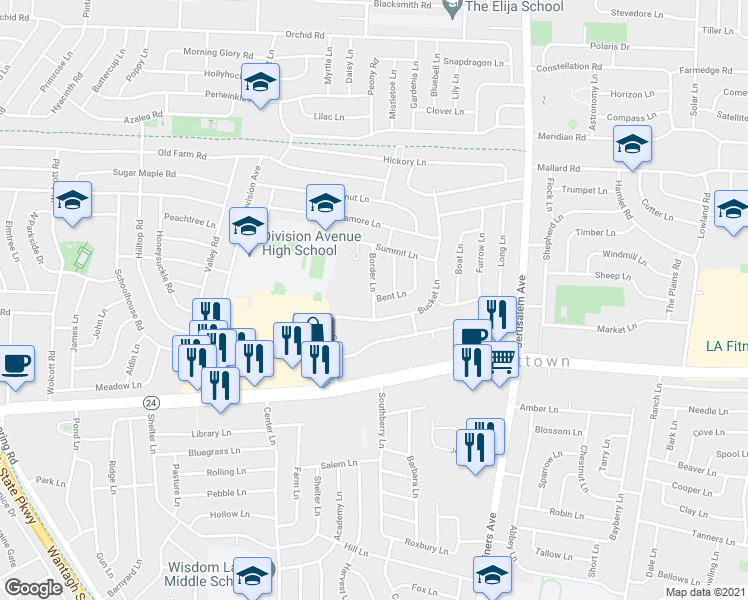 map of restaurants, bars, coffee shops, grocery stores, and more near 32 Border Lane in Levittown