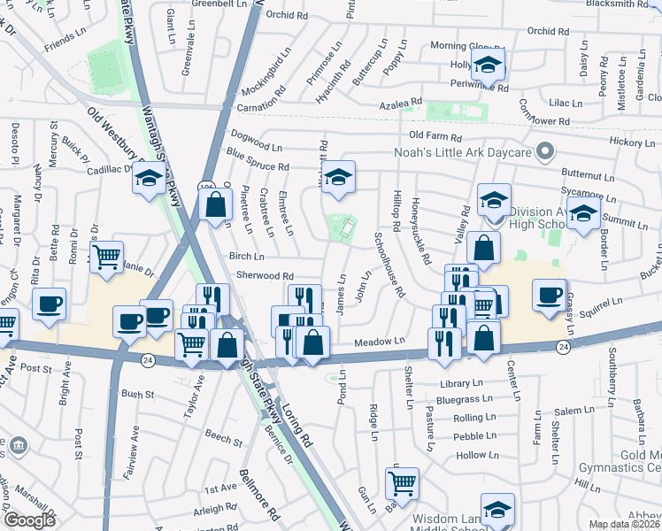 map of restaurants, bars, coffee shops, grocery stores, and more near 64 Birch Lane in Levittown