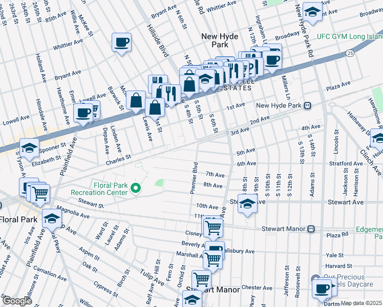 map of restaurants, bars, coffee shops, grocery stores, and more near 516 5th Avenue in New Hyde Park