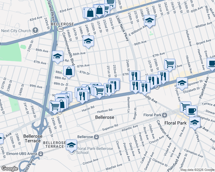 map of restaurants, bars, coffee shops, grocery stores, and more near 250-21 88th Road in Queens
