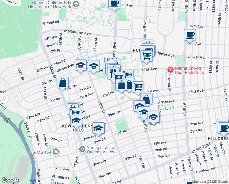 map of restaurants, bars, coffee shops, grocery stores, and more near 153-47 72nd Road in Queens