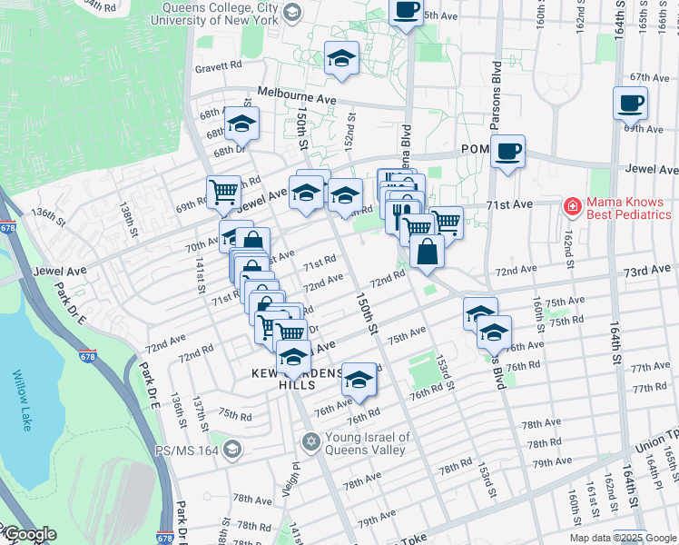 map of restaurants, bars, coffee shops, grocery stores, and more near 14753 72nd Avenue in Queens