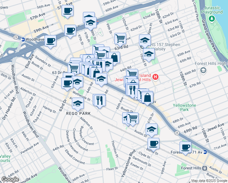 map of restaurants, bars, coffee shops, grocery stores, and more near 98-28 Queens Boulevard in Queens