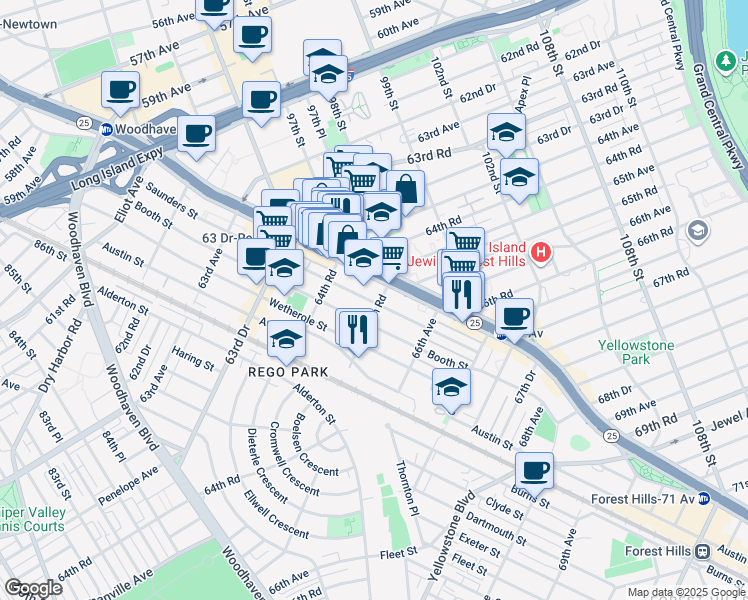 map of restaurants, bars, coffee shops, grocery stores, and more near 9714 65th Road in Queens