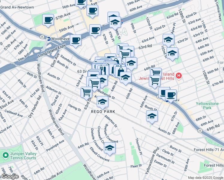 map of restaurants, bars, coffee shops, grocery stores, and more near 94-19 64th Road in Queens