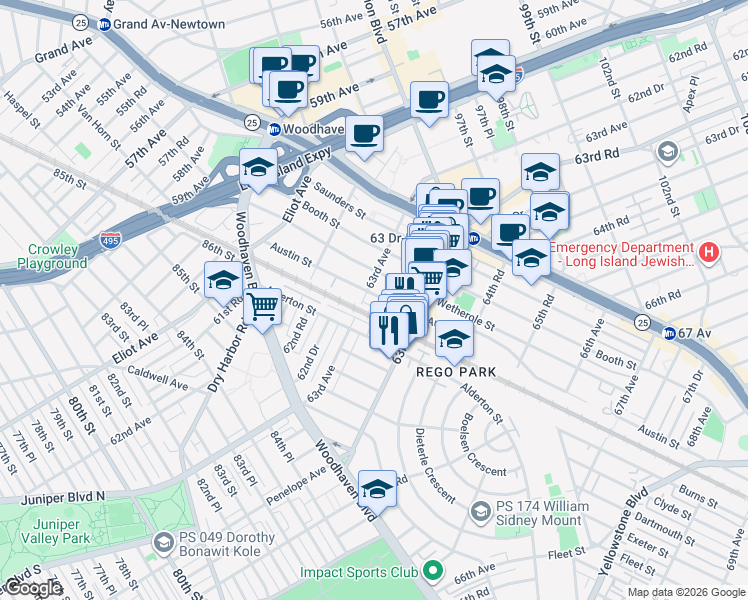 map of restaurants, bars, coffee shops, grocery stores, and more near 63-6 Austin Street in Queens