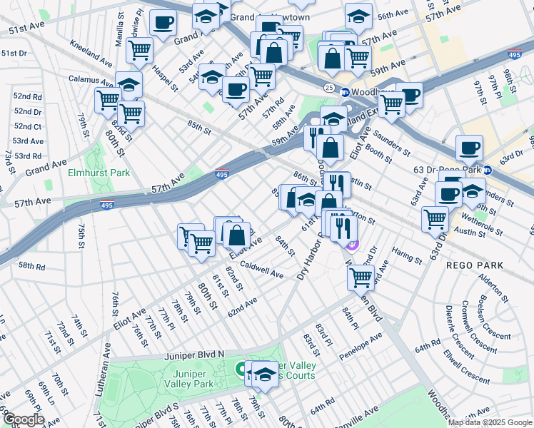 map of restaurants, bars, coffee shops, grocery stores, and more near 84-13 60th Drive in Queens