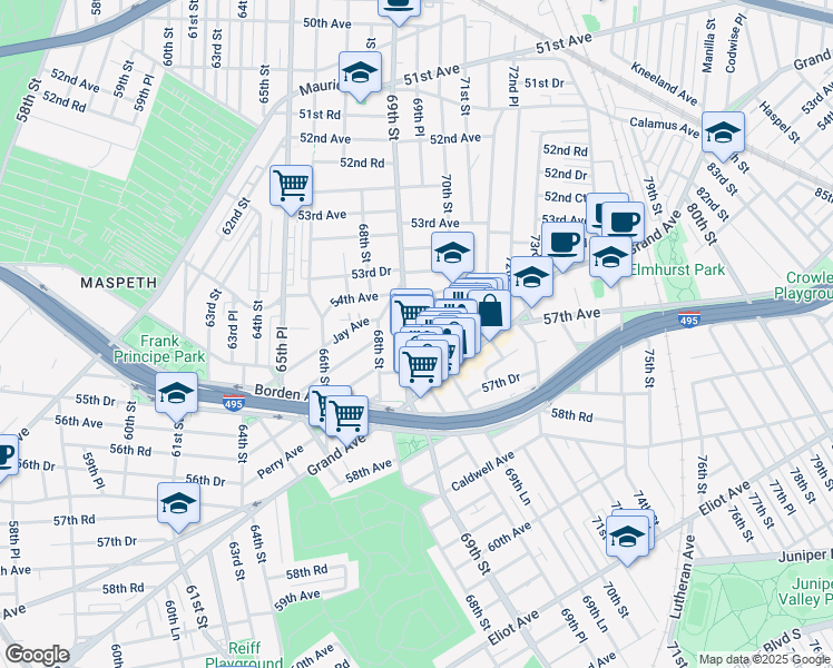 map of restaurants, bars, coffee shops, grocery stores, and more near 54-35 69th Place in Queens