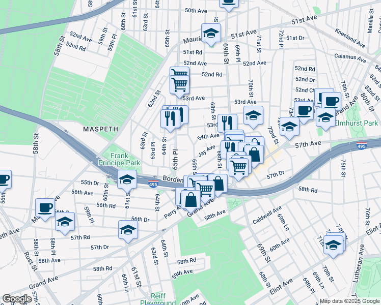 map of restaurants, bars, coffee shops, grocery stores, and more near 54-40 66th Street in Queens