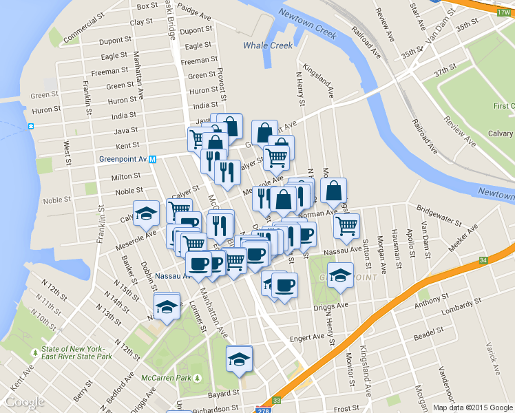 map of restaurants, bars, coffee shops, grocery stores, and more near 80 Jewel Street in Brooklyn
