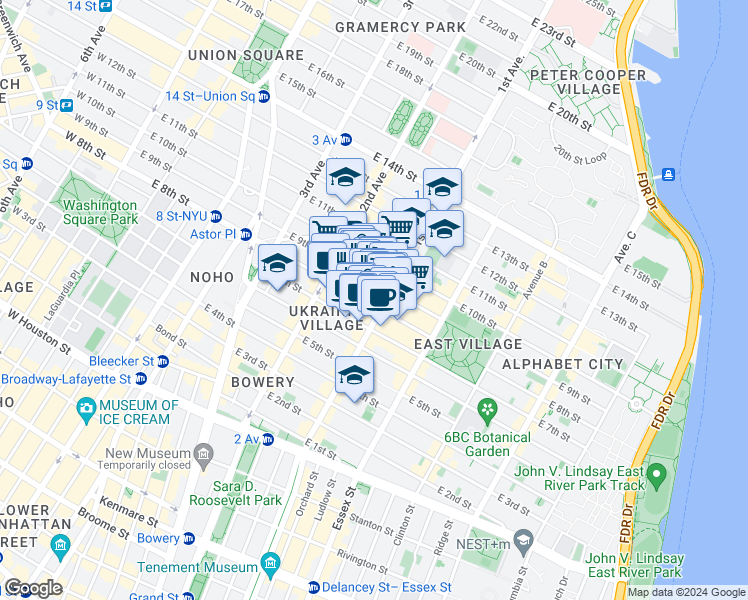 map of restaurants, bars, coffee shops, grocery stores, and more near 69 Saint Marks Place in New York