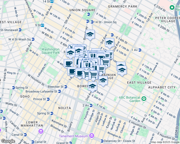 map of restaurants, bars, coffee shops, grocery stores, and more near 31 Cooper Square in New York