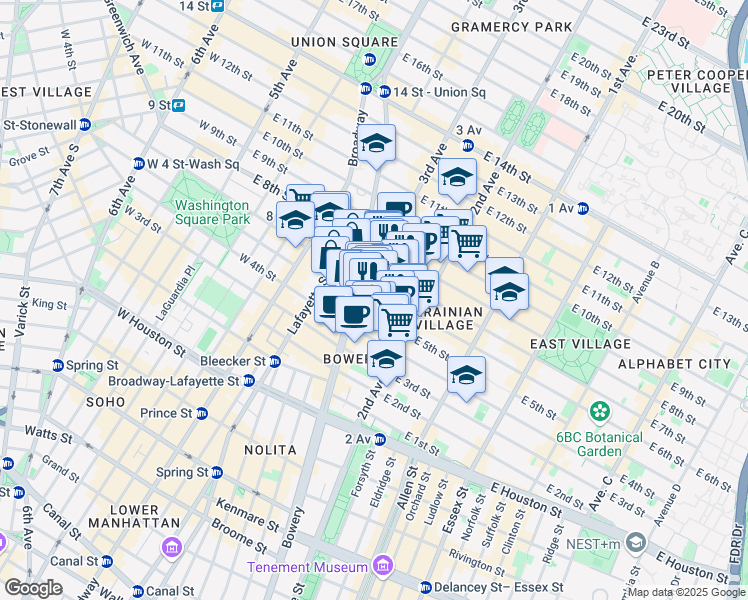 map of restaurants, bars, coffee shops, grocery stores, and more near 31 Cooper Square in New York
