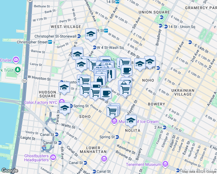 map of restaurants, bars, coffee shops, grocery stores, and more near 3 Washington Square Village in New York