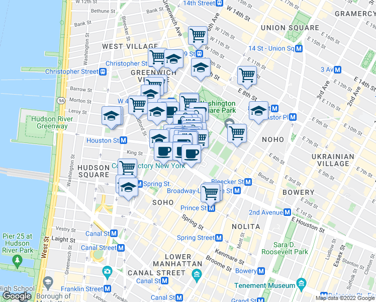 map of restaurants, bars, coffee shops, grocery stores, and more near 145 Bleecker Street in New York