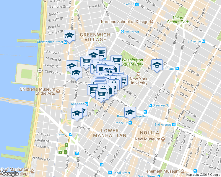 map of restaurants, bars, coffee shops, grocery stores, and more near 171 Sullivan Street in New York
