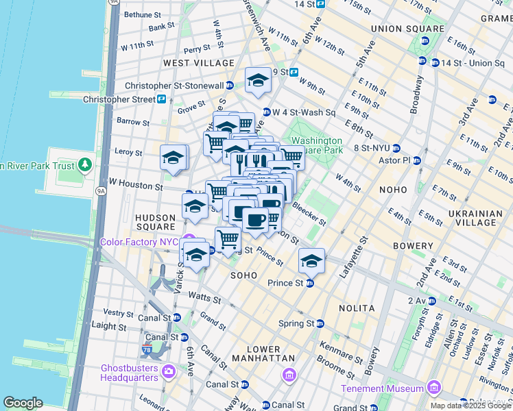 map of restaurants, bars, coffee shops, grocery stores, and more near 171 Sullivan Street in New York