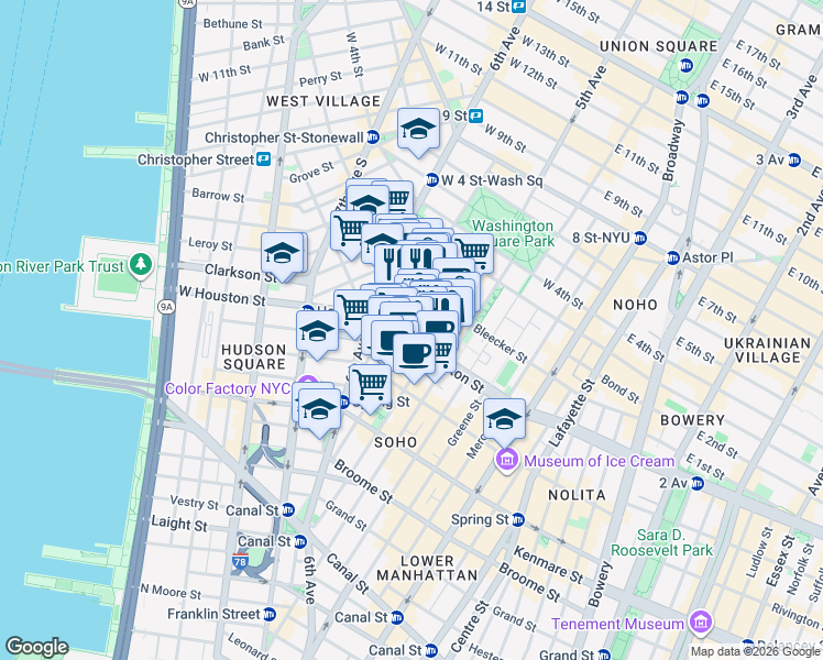 map of restaurants, bars, coffee shops, grocery stores, and more near 171 Sullivan Street in New York