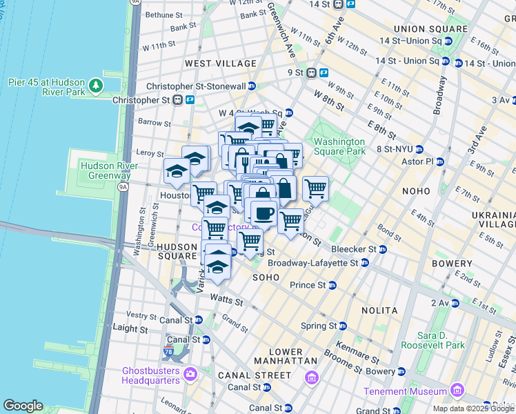 map of restaurants, bars, coffee shops, grocery stores, and more near Ave of the Americas in New York