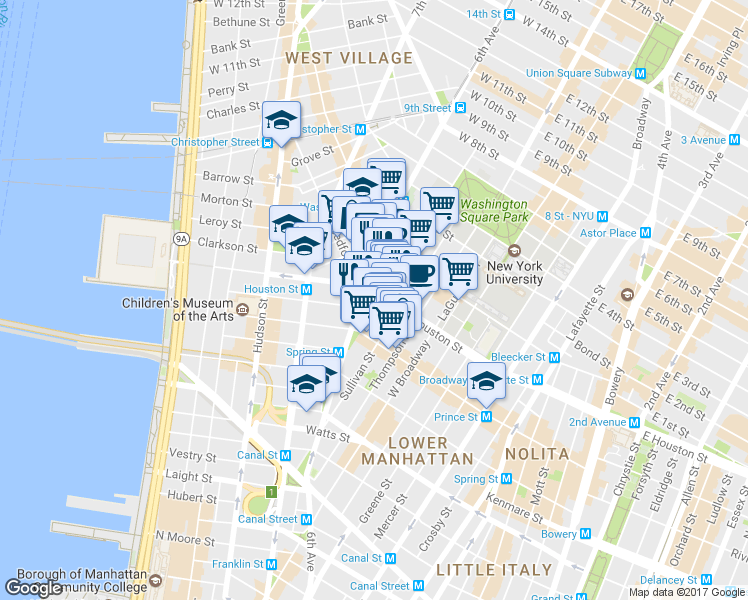 map of restaurants, bars, coffee shops, grocery stores, and more near Ave of the Americas in New York