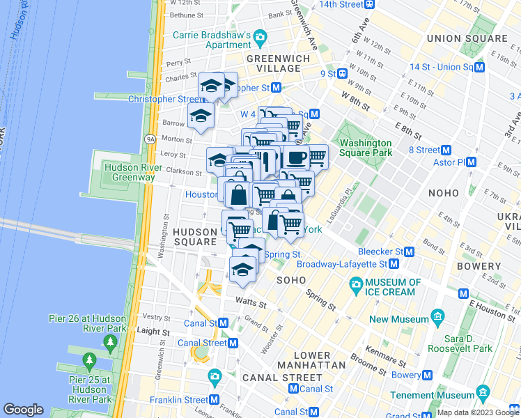 map of restaurants, bars, coffee shops, grocery stores, and more near 29 King Street in New York