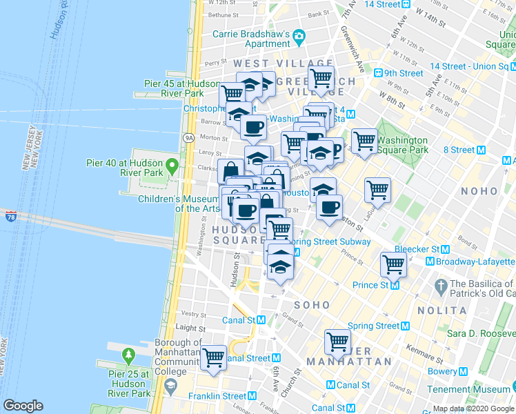 map of restaurants, bars, coffee shops, grocery stores, and more near 375 Hudson Street in New York