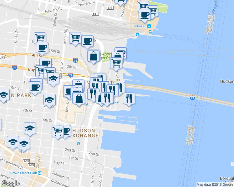 map of restaurants, bars, coffee shops, grocery stores, and more near 35 River Drive South in Jersey City