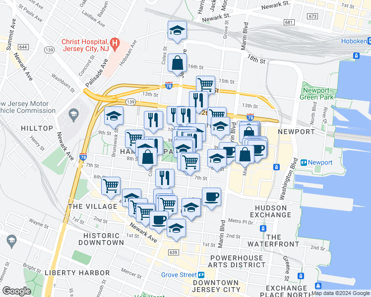 map of restaurants, bars, coffee shops, grocery stores, and more near 99 McWilliams Place in Jersey City