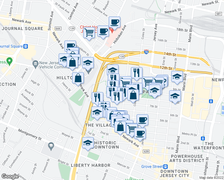 map of restaurants, bars, coffee shops, grocery stores, and more near 231 Brunswick Street in Jersey City