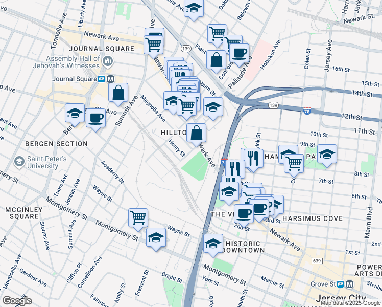 map of restaurants, bars, coffee shops, grocery stores, and more near 108 Waldo Avenue in Jersey City