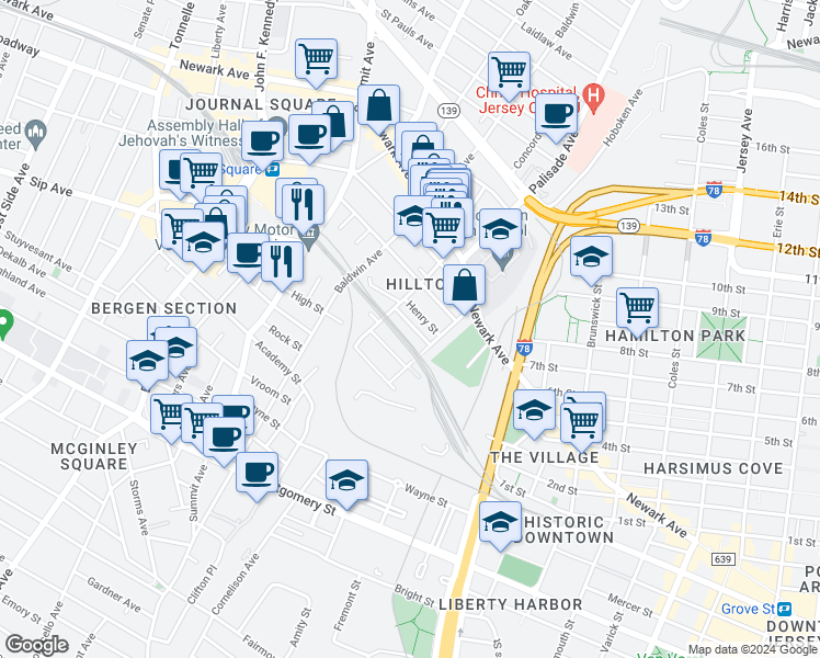 map of restaurants, bars, coffee shops, grocery stores, and more near 39 Alan Terrace in Jersey City