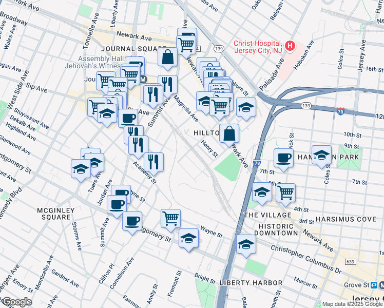 map of restaurants, bars, coffee shops, grocery stores, and more near 39 Alan Terrace in Jersey City