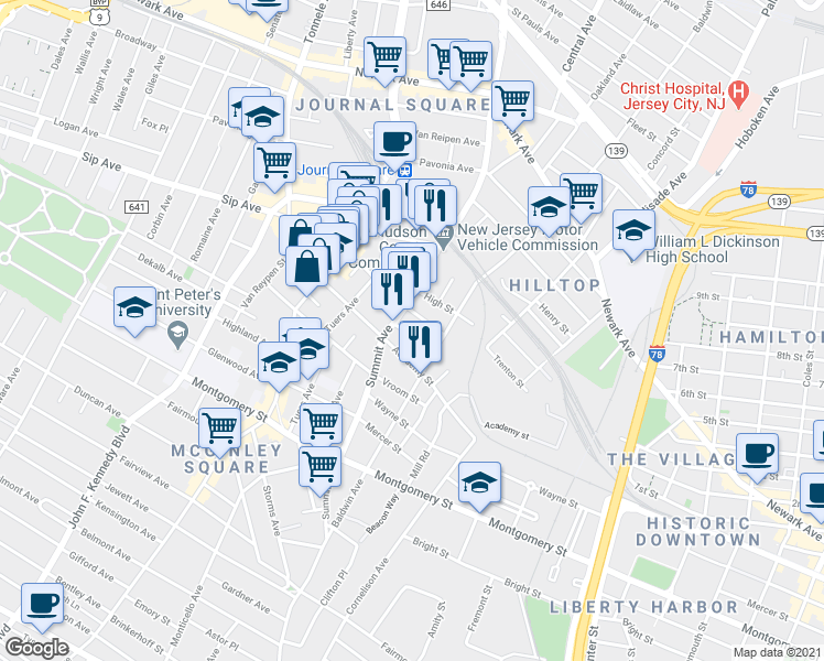 map of restaurants, bars, coffee shops, grocery stores, and more near 32 Rock Street in Jersey City