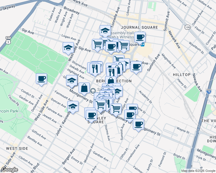 map of restaurants, bars, coffee shops, grocery stores, and more near 34 Highland Avenue in Jersey City