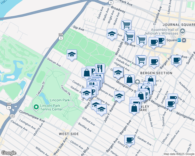 map of restaurants, bars, coffee shops, grocery stores, and more near 819 West Side Avenue in Jersey City