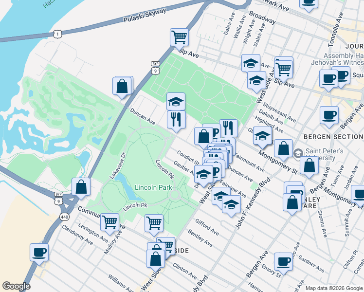 map of restaurants, bars, coffee shops, grocery stores, and more near 251 Duncan Avenue in Jersey City