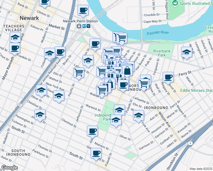 map of restaurants, bars, coffee shops, grocery stores, and more near 281 Lafayette Street in Newark